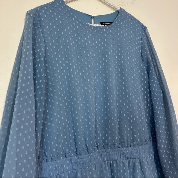 Express Blue Clip Dot Tiered Smocked Waist Long Sleeve A-Line Dress SIZE XL - Picture 2 of 6